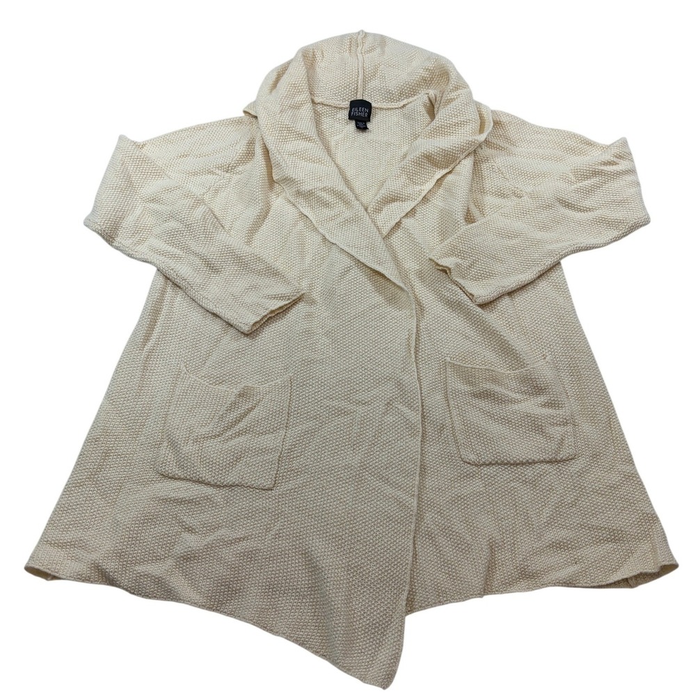 Eileen Fisher Wool Silk Blend Hooded Open Front Cardigan Cream Large Honeycomb